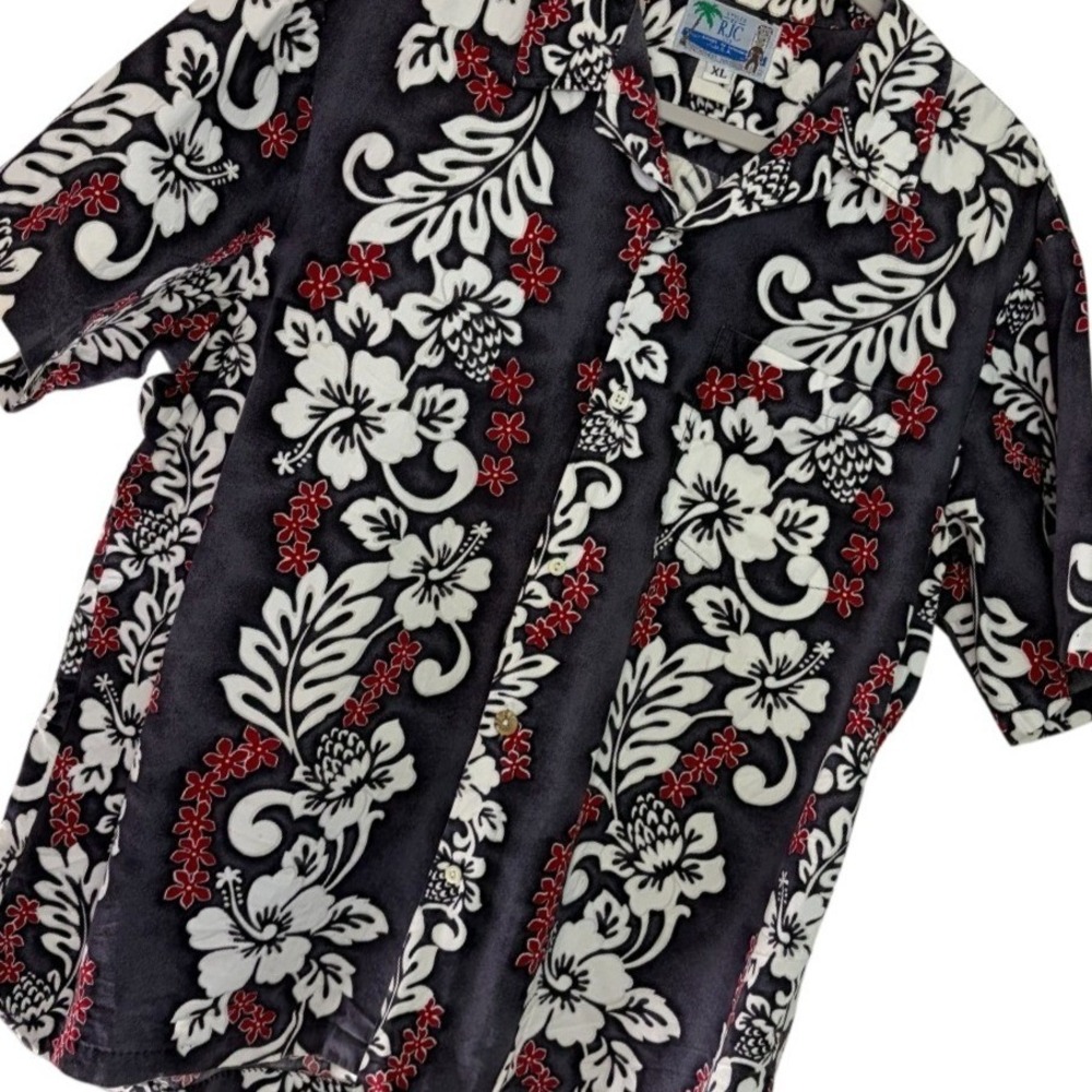 Vtg 90's RJC LTD XL Tropical Print 100% Cotton Hawaiian Aloha Shirt Black Red